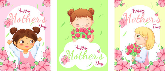 A set of Mother's Day cards featuring girls and boys from various nationalities, adorned with flowers and tulips.
