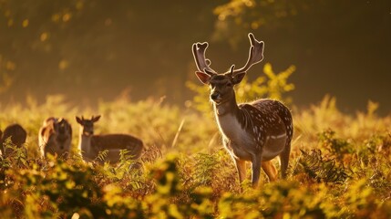 Fallow deer at first light in national park . - obrazy, fototapety, plakaty