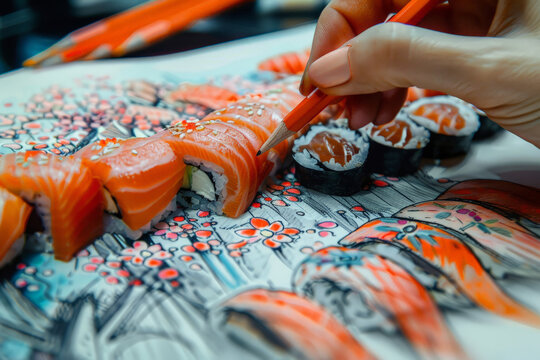 A skilled individual delicately painting intricate designs on sushi pieces displayed on a table, showcasing creativity and precision in culinary art