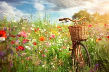 Photo sur Plexiglas Vélo A charming bicycle, adorned with a wicker basket, standing in a lush spring meadow surrounded by a profusion of vibrant wildflowers.
