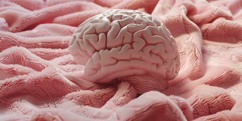 Human brain model on a pink towel background 