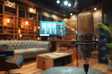 Podcasting studio space with fancy microphones