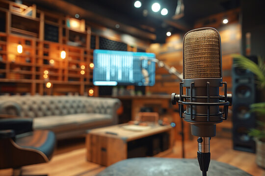 Podcasting studio space with fancy microphones