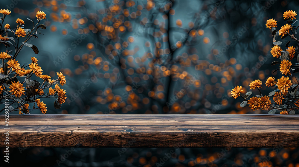 Poster a wooden table adorned with an abundance of vibrant yellow flowers, creating a cheerful and colorful