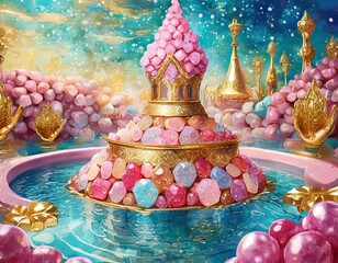 Candied gems filling up a swimming pool magical princess theme in shades of pink and gold - obrazy, fototapety, plakaty
