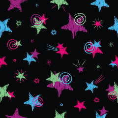 Fototapeta na wymiar Abstract seamless pattern with neon color hand drawn stars and other elements on a black background.