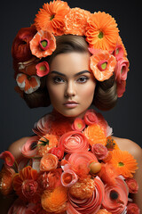 A woman with vibrant flowers woven into her hair, adding a touch of natures beauty to her appearance