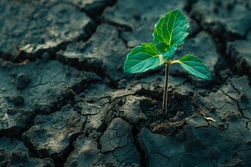 The stark image captures a new plant rising from the parched cracked earth, signifying resilience