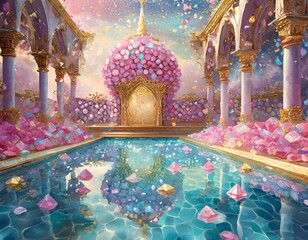Candied gems filling up a swimming pool magical princess theme in shades of pink and gold - obrazy, fototapety, plakaty