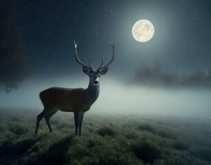 A deer standing in the middle of a foggy field at night with a full moon in the sky