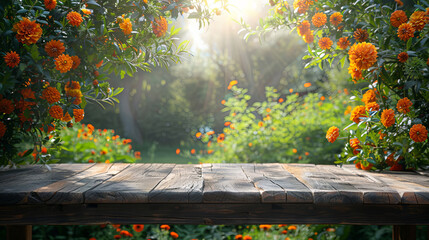 A sturdy wooden table sits peacefully amidst the lush greenery of a dense forest, surrounded by...