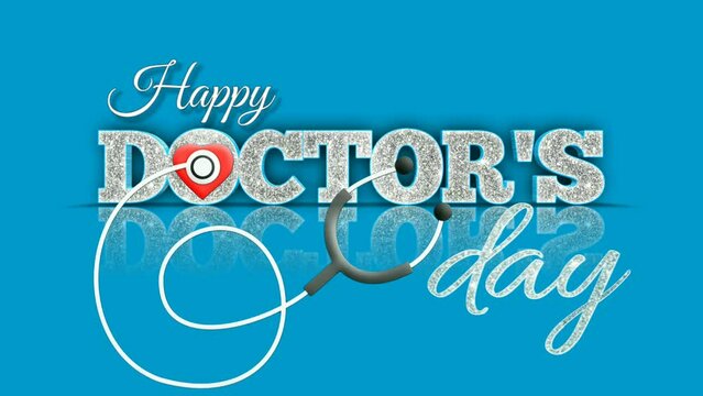 happy doctors day text animation diamond texture with symbol of stethoscope on blue background. 30 march - World Doctor's Day.