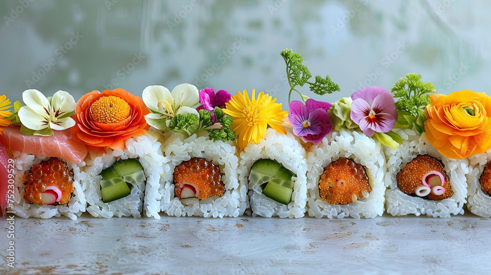 Poster a row of sushi rolls adorned with delicate edible, flowers, creating a harmonious blend of flavors a