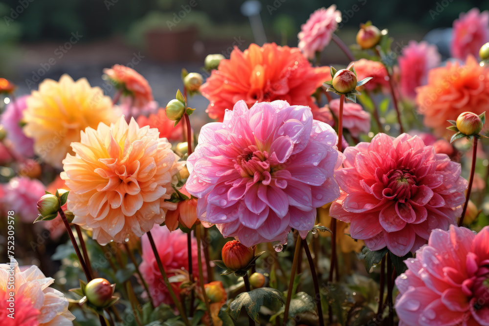 Canvas Prints a diverse array of vibrant dahlia flowers scattered throughout the lush green grass of a meadow, cre