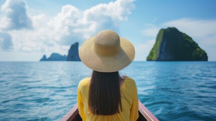 Close-up, Back view of woman tourist in a straw hat relaxing on the boat and looking forward into the sea