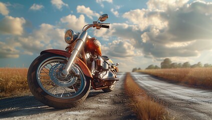 A classic motorcycle is parked on the side of an open road with a sunset backdrop creating a nostalgic mood