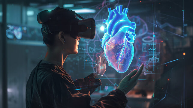 Examining patient's heart using virtual reality. Doctor interacts with virtual holographic heart projection. 