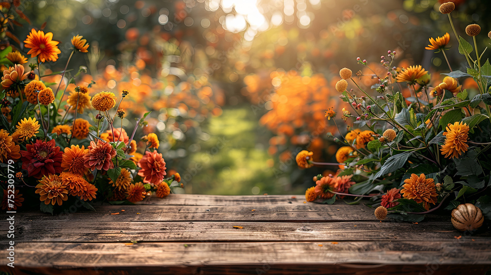 Aufkleber A wooden table bursting with a colorful array of flowers in full bloom, creating a vibrant and fragrant display