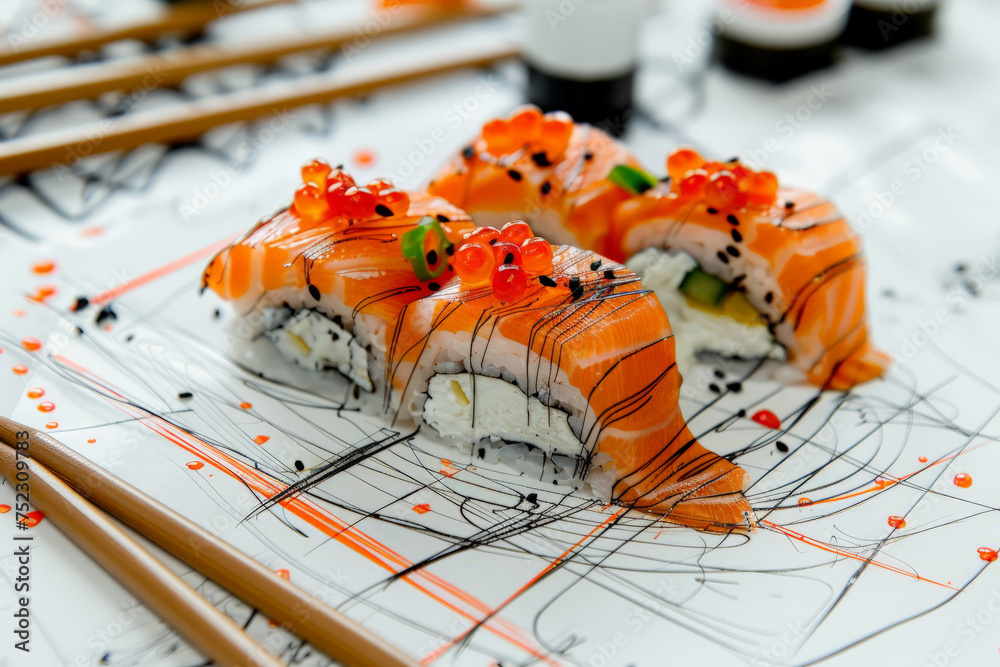 Poster a delectable plate of colorful sushi rests elegantly next to a pair of sleek chopsticks on a wooden 