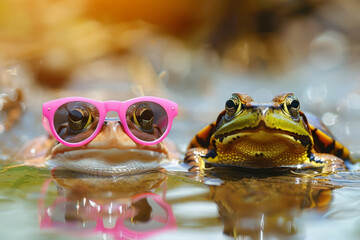 A frog and a frog wearing sunglasses are both floating in the water, creating a whimsical and amusing scene