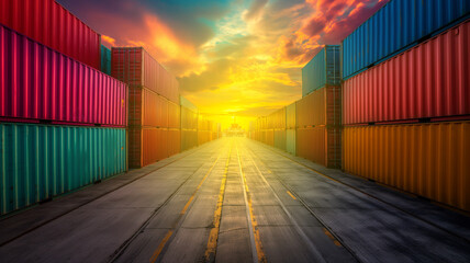 Fototapeta premium Colourful cargo containers in a freight container terminal. Perspective view.