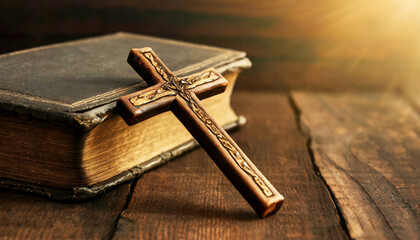 Closeup of a wooden religious cross above an old Holy Bible, above an old wooden table with copy space. Concept of prayer and Christian religion. Generative Ai.