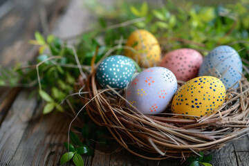 Easter eggs in nest decorated with flowers on wooden background. Happy easter day.