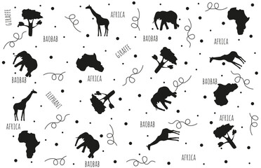 Seamless pattern with African animals doodle element and text isolated white background. Simple black silhouette giraffe and elephant ornament in trendy minimal style. Vector illustration. EPS 10