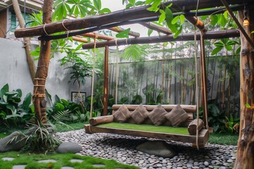 A charming wooden swing suspended by rustic ropes in a lush home garden, surrounded by verdant plants and trees.