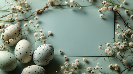 Fototapeta premium Easter eggs decorated with green leaves and flowers on light blue background