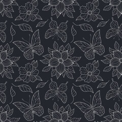 Floral pattern with butterflies and flowers, seamless pattern with flowers and butterflies outline.