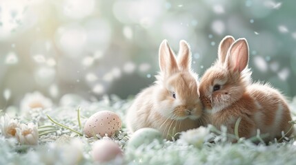 Soft, fluffy Easter bunnies and chicks in gentle pastel tones, complemented by pastel Easter eggs and a sprinkle of green grass