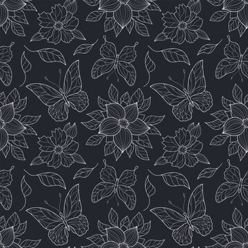 Floral pattern with butterflies and flowers, seamless pattern with flowers and butterflies outline.