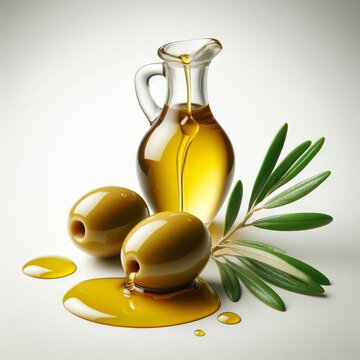 bottle of olive oil with olives on white background