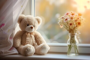 Plush teddy bear with flowers on sunny  - obrazy, fototapety, plakaty