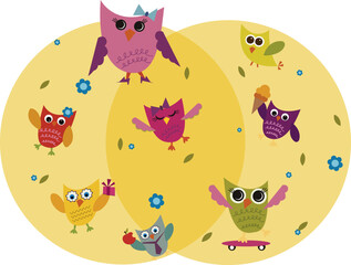 vector illustration of cheerful owls and flowers