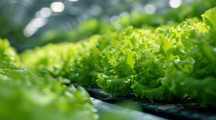 Rows of lush green lettuce thrive under the glow of LED lights in an innovative indoor hydroponic farm, showcasing modern agriculture