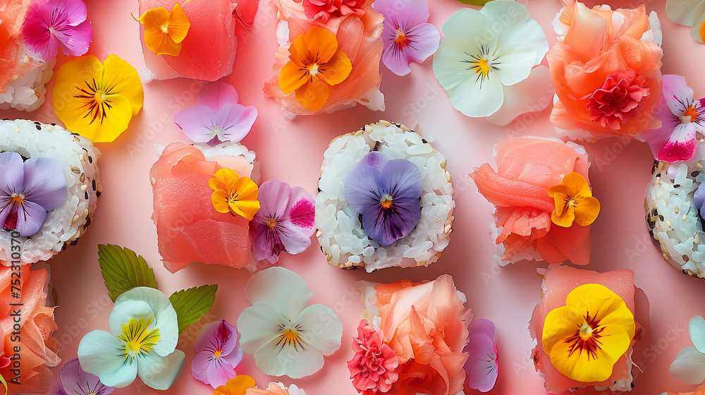 Aufkleber A tantalizing display of fresh sushi juxtaposed with colorful blooms on a soft pink surface, creating a harmonious blend of textures and colors