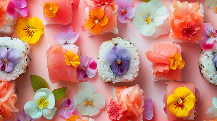 A tantalizing display of fresh sushi juxtaposed with colorful blooms on a soft pink surface, creating a harmonious blend of textures and colors