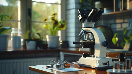 modern microscope on table in laboratory  - obrazy, fototapety, plakaty