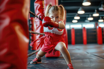 Fototapeta na wymiar little girl trains in kickboxing ring with heavy punching bag