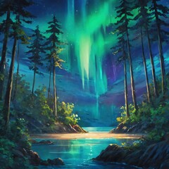 Enchanted Northern Lights Over a Serene Forest Lake at Twilight