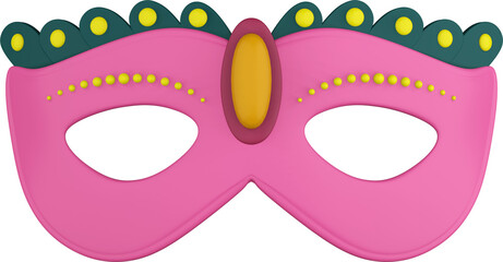 3D illustration render of a bright colored carnival mask with feathers on transparent background
