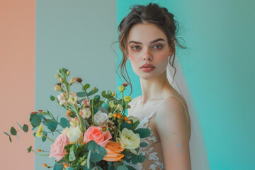 portrait of a Bride holds a wedding bouquet on isolated colorful background with copy space