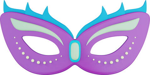 3D illustration render of a bright colored carnival mask with feathers on transparent background