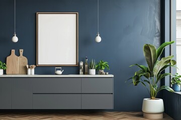 Modern Bathroom With Blue Walls and Large Mirror