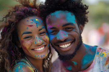 Cheerful happy african american couple at traditional holi festival. Young people celebrating color festival and playing with colorful powder or gulal. Love and relationship concept