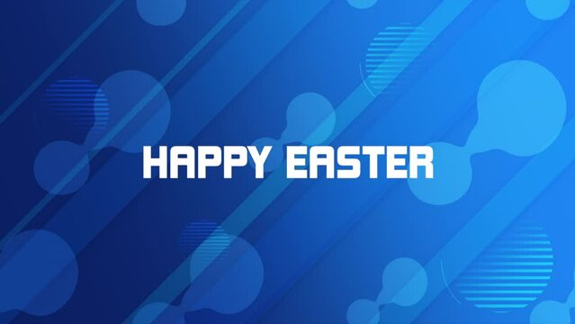 A festive image featuring a blue background adorned with white circles. On the left side, the words Happy Easter are written in charming white letters