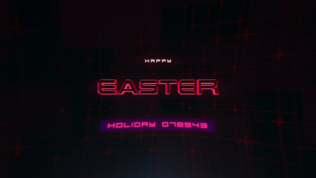 A digital artwork featuring neon lights and geometric shapes forms the words easter and Happy Easter in red on a black background
