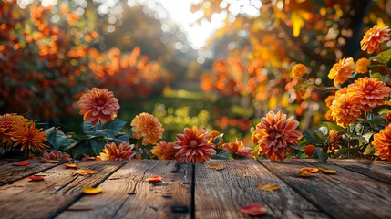 Fototapete Rund A wooden table adorned with a colorful array of flowers in full bloom, creating a picturesque scene of natural beauty and serenity © nnattalli